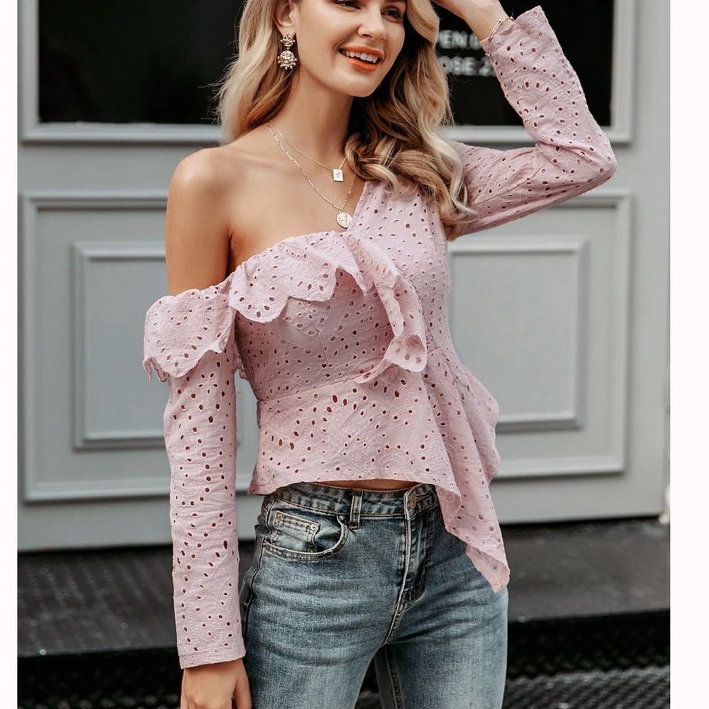 Sweet Romantic Ruffle Trim Eyelet Top